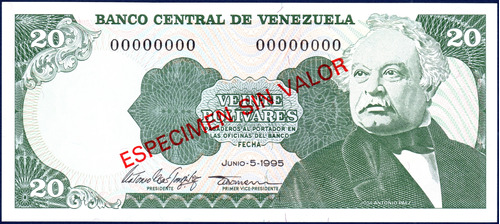 Billete Espécimen Sin Valor Rojo 20 Bolívares Junio 5 1995