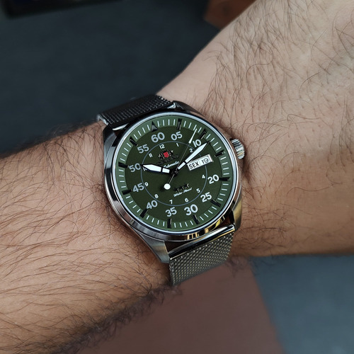 Relógio Orient Sport Air Flieger Automatico Yn6ss009 E2sx Correia Prateado Bisel Prateado Fundo Verde