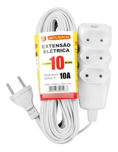 Extensão Elétrica 2 Pinos 10mt 3 Tomadas 10a Branco Megatron