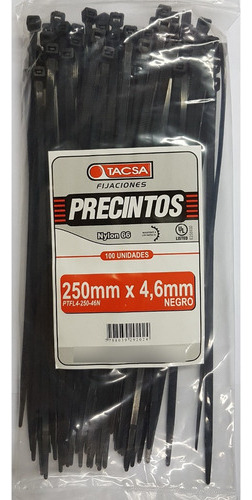 Precintos Prensacable Tacsa 250mm X 4.6mm X 100 Unidades Color Negro