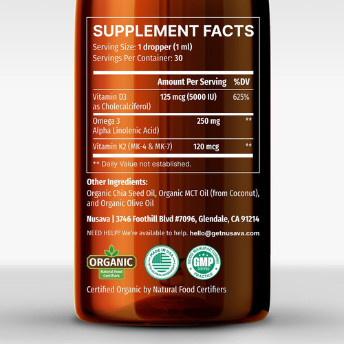 Nusava Gotas Orgánicas Vitamina D3 K2 Con Aceite Mct Omega 3