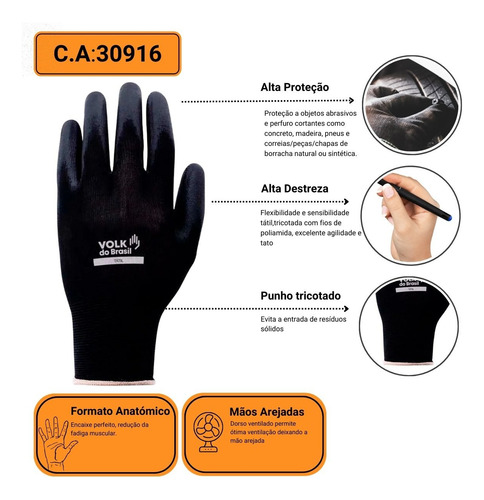 Kit 12 Pares Luva Tátil Volk Em Nylon Com Banho Pu Preta
