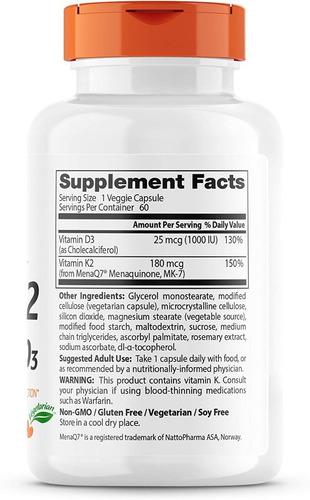 Vitamina K2 Con Mk-7, 180 Mcg Plus D3 1000 Iu Doctor's Best