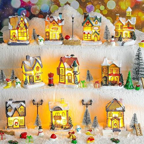 Juego De 60 Piezas De Aldea De Navidad Con Luz Led Mini Casa