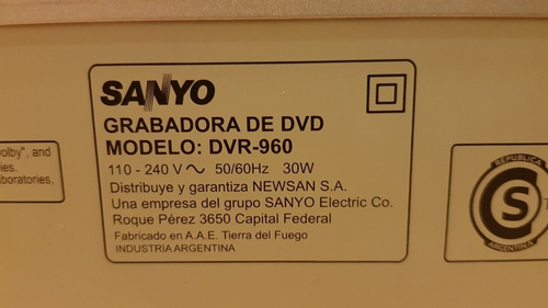 Grabadora Reproductora De Dvds Sanyo Dvr-960
