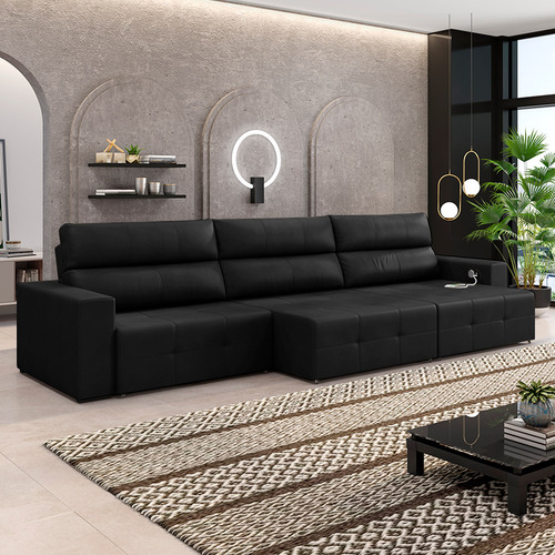 Sofá Retrátil 4 Lugares 284cm 3 Módulos Nero Usb Couro Preto