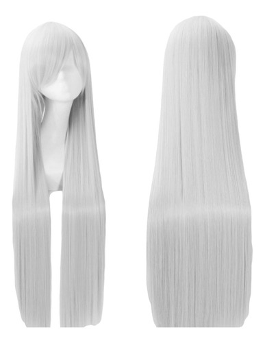 Peluca Gris Claro Larga Lisa Con Fleco Cosplay Kanekalon L.1 Tamaño De La Base Unitalla