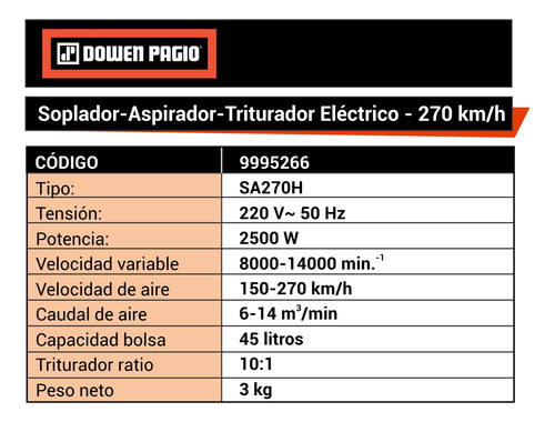 Imagen 2 de 6 de Sopladora Aspiradora Trituradora Eléctrica 2500w Dowen Pagio