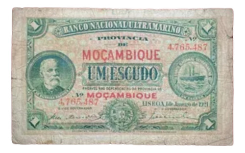 Billete 1 Escudo Mozambique 1921 Pick 66b Bradbury & Co Raro (Usado)