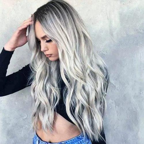 -peluca Larga De Mujer Color Gris Degradado Pelo Ola Natural