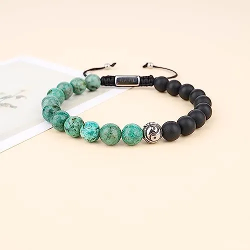 Pulsera Yin Yang De Ónix Mate Con Turquesa Africana Trenzada
