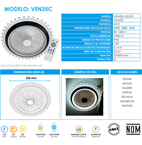 Ventilador De Techo 3 Modos Luz 6 Velocidades 7 Aspas Timer 52 Cm 60 Hz Ven35cvar2 Opalinas Plástico 7