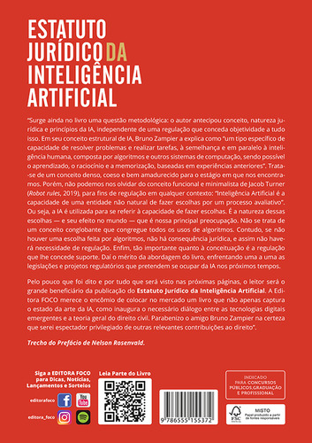 Estatuto Jurídico da Inteligência Artificial - 1ª Ed - 2022: Entre Categorias e Conceitos, a Busca por Marcos Regulatórios, de Lacerda, Bruno Torquato Zampier. Editorial Editora Foco Jurídico Ltda, capa mole em português, 2022