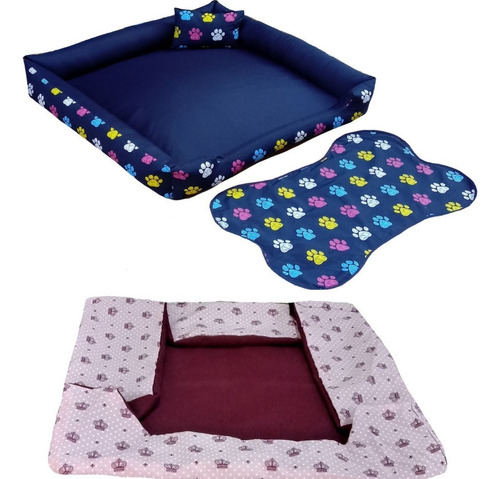 Cama Para Cachorro Grande Gg 95x95 Cm + Tapete E Capa Extra Cor Cama Azul Marinho E Capa Vinho