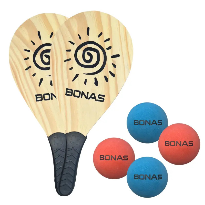 Kit Jogo De Frescobol Bonas Tênis De Praia 2 Raquetes De Madeira + 4 Bolinhas de Borracha Esportivas Beach Tennis Resistente Linha Verão Pro Praia e Lazer