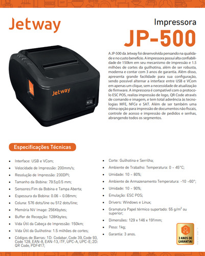 Impressora Térmica Jetway Jp-500 Usb Monocromática