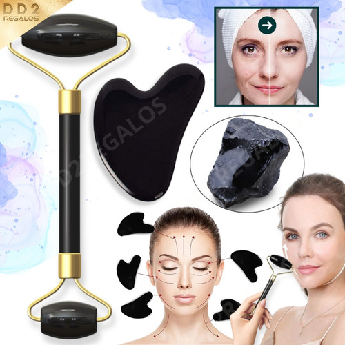 Rodillo Jade Facial C/gua Sha Piedra Obsidiana Masajeador N1