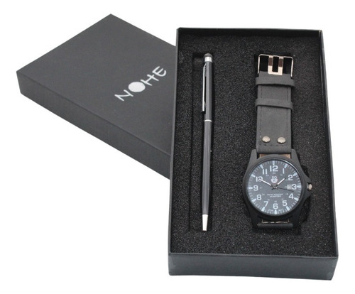 Reloj Hombre, Set Elegante De , Pluma Estuche Correa Negro