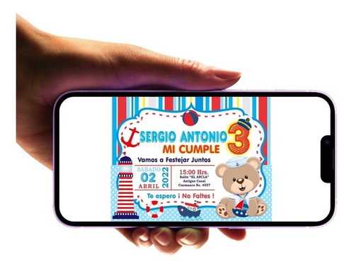 Invitación Digital 3 Años Oso Marinero Para Niño Imprimible