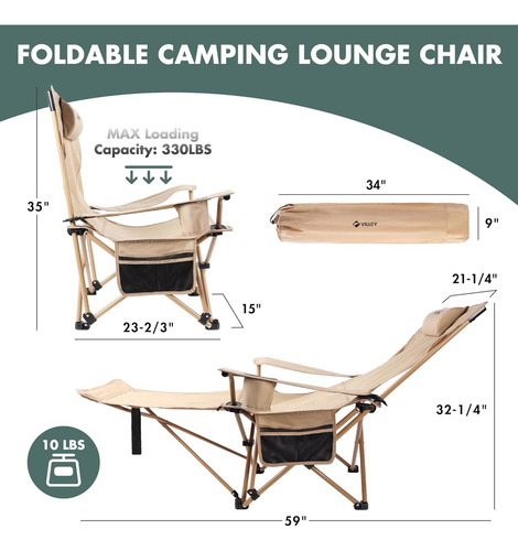 Silla De Camping Reclinable Villey Beige Plegable 150 Kg