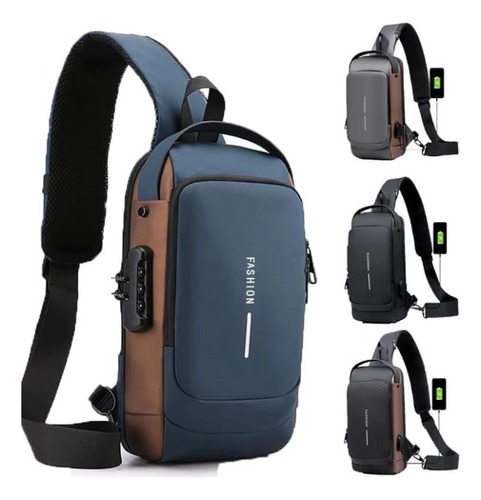 Mochila Pechera Cruzada Impermeable Antirrobo + Usb Azul Marino Liso