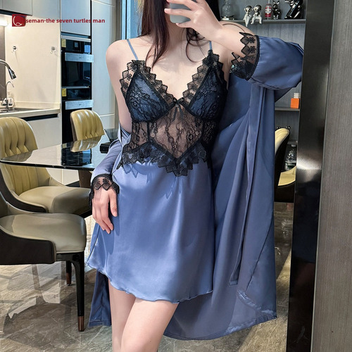 Conjunto De Pijamas De Seda Con Ribete De Encaje Para Mujer