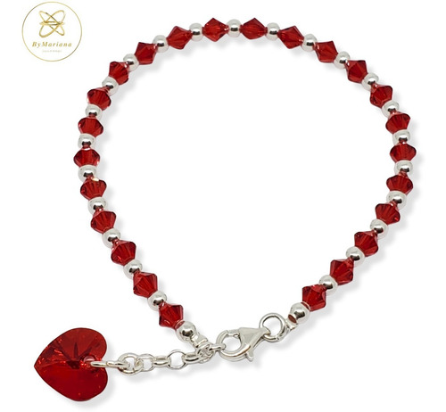 Imagen 1 de 7 de Pulsera Plata Cristal Swa Ch Cristal Rojo Con Corazon