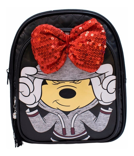 Mochila Preta Laço Minnie 26x30x10cm Disney Cor - Desenho do tecido