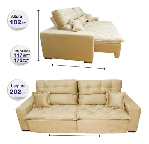 Sofá 2,02m Retrátil E Reclinável Cama Inbox Confort Bege
