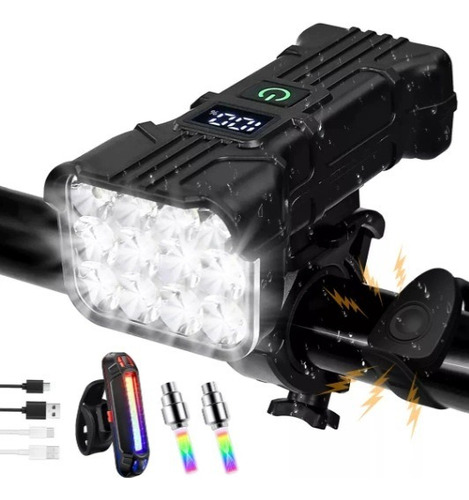Luz Bicicleta Recargable Delantera Traser 12 Led Y Claxon