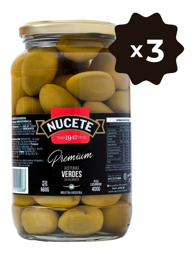 Imagen 1 de 3 de Combo Aceitunas Verdes Premium Nucete 660 Gr X 3