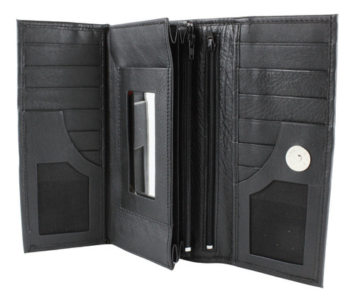 Cartera Grande Mujer Cuero Cierre Espejo Billetera Dama Color Negro