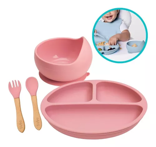 Talheres Infantil Bebe Bambu e Silicone Introdução Alimentar Buba.