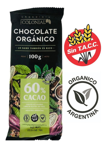 Chocolate Amargo Organico 60% Cacao Sin Tacc Colonial X 100g