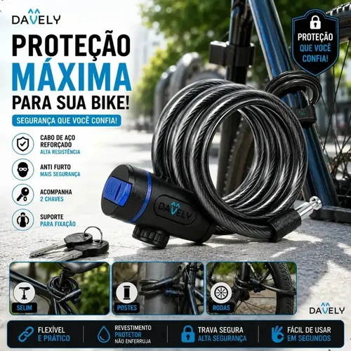 Cadeado Bicicleta Cabo de aço Corrente Prender bicicleta Reforçado Trava Segurança 1,5M Com Suporte Chave Corrente Prend