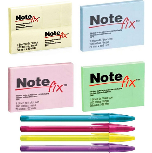 Kit Com 700 Folhas Bloco Adesivo Notefix 3m + 4 Canetas Bic