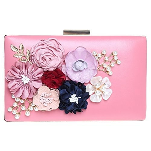 Cartera Fiesta Clutch Simil Y Flores Rosada Oferta