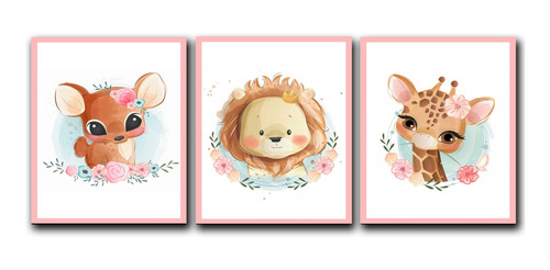 Imagen 1 de 3 de Triptico Cuadros Niños 40x30 Cms Set11 Venado Jirafa Leon