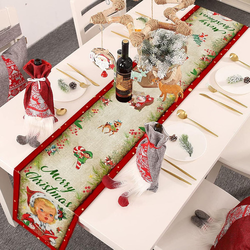 Camino De Mesa Navideño Beige Y Rojo Santa Claus Con Renos