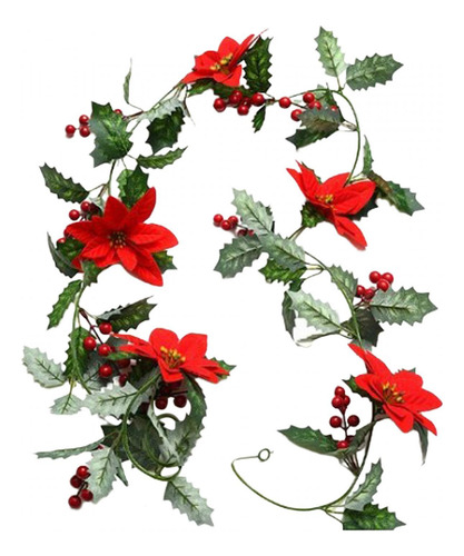 Guirnalda De Luces Navideñas Con Flores De Pascua, Hojas