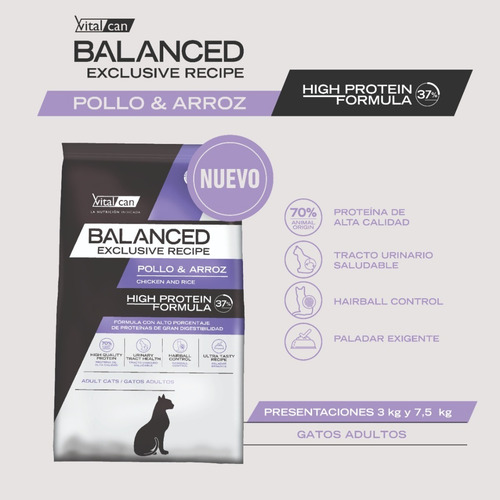 Imagen 3 de 4 de Alimento Vitalcan Balanced Exclusive Recipe High Protein para gato adulto sabor pollo y arroz en bolsa de 7.5 kg
