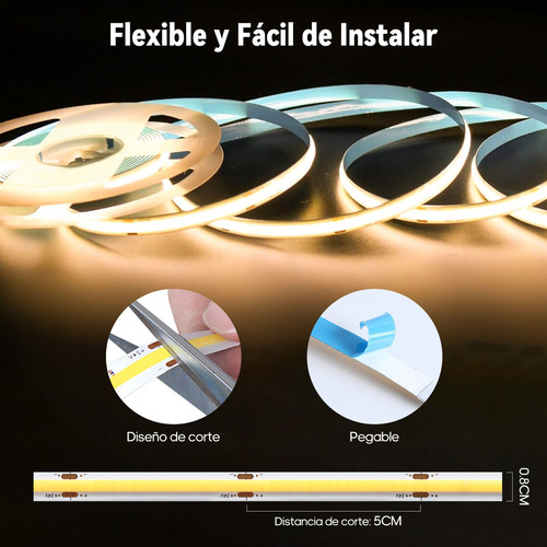 10m Tira Luz Led Cob Flex Interiors Regulador 320leds/m Luz Blanco Cálido