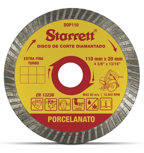 Disco De Corte Diamantado Porcelanato 110mm Ddp110 Starrett Cor Prateado e Amarelo