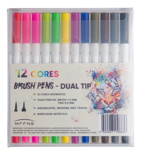 Imagem 2 de 7 de Caneta Brush Pen Duas Pontas Dual Tip Kit 12 Cores Fineliner