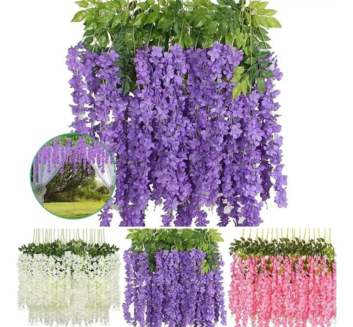 24pzs Flores Artificial Wisteria Decoración Fiesta Boda 1.1m Lila