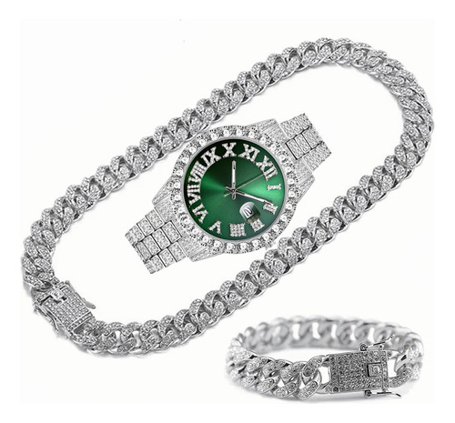 Reloj Hip Hop Plateado Verde Cadena Y Pulsera 