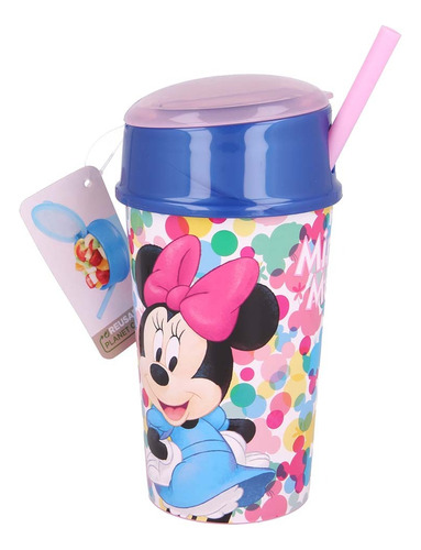 Vaso Plástico Con Sorbete Tapa Porta Cereales Minnie Disney