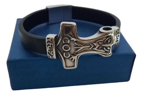 Pulsera Simil Cuero Con Hacha Vikinga En Acero Quirurgico