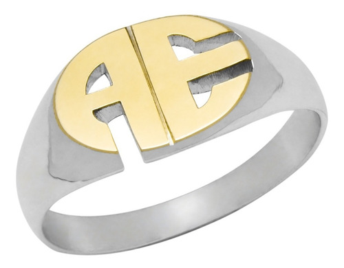 Anillo Ovalado Personalizado 2 Iniciales Plata 925 Y Oro 18k