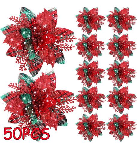 50 Flores Artificiales Con Purpurina Para Árbol De Navidad,